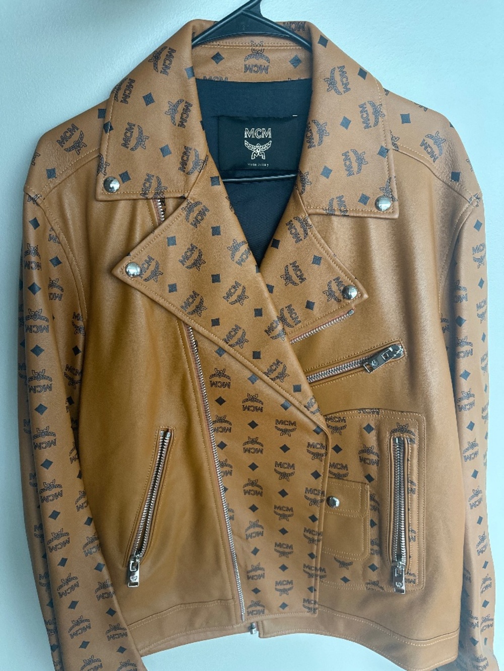 MCM Cognac Visetos Monogram Leather Biker Jacket Moto Jacket Size L